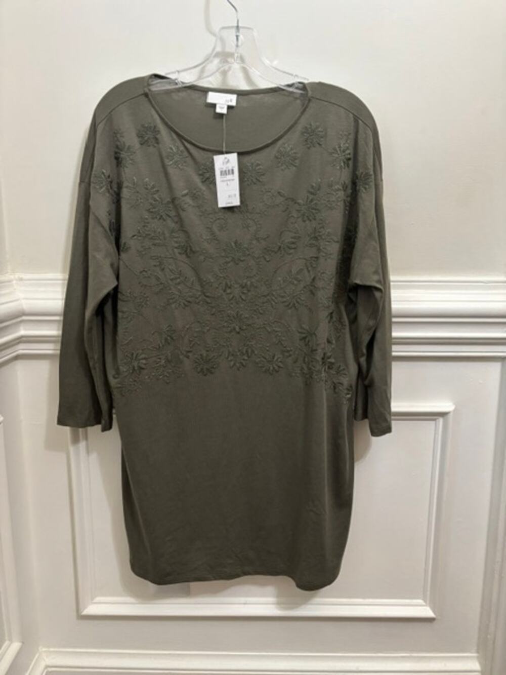 J Jill Tunic Top Shirt Embroidered Green Cotton Lightweight Scoop Neck Large NWT